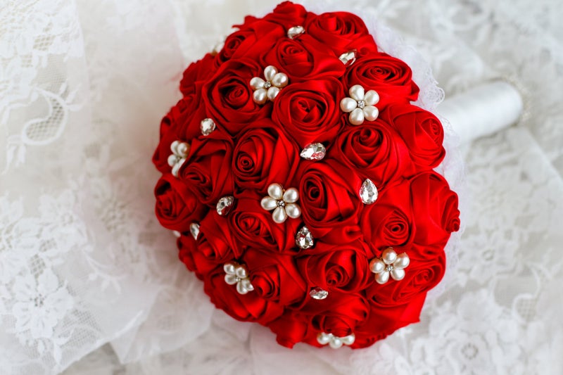 IFFO Ivory, Blue, Coral, T Blueï¼ŒRed Rose Flower Bridal Brooch Bouquet Wedding Bride 's Jewelry Crystal Pearl Rhinestone Cloth Fabric Bouquets (red) - Image 2